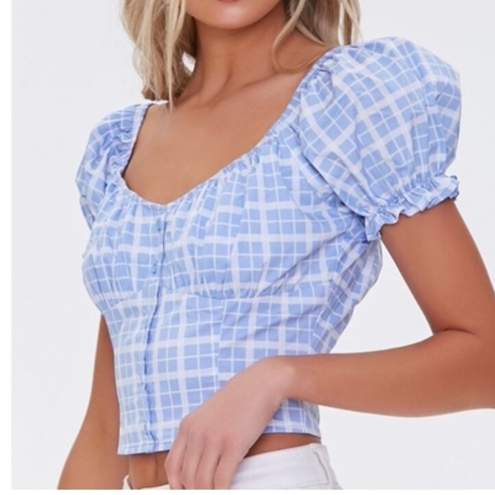 Forever 21 Light Blue Checkered Puff Sleeve Crop Top